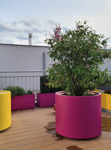 TERRASSE MIT FARBIGEN BLUMENTÖPFEN